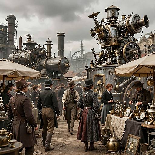 Steampunk market scene: Victorian-era people in period clothing browse antique steam machinery and teapots under beige umbrellas, with industrial backdrop. Photograph