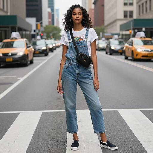Black Woman in Denim Dungarees on City Street