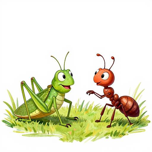 Cheerful Grasshopper and Ant Cartoon