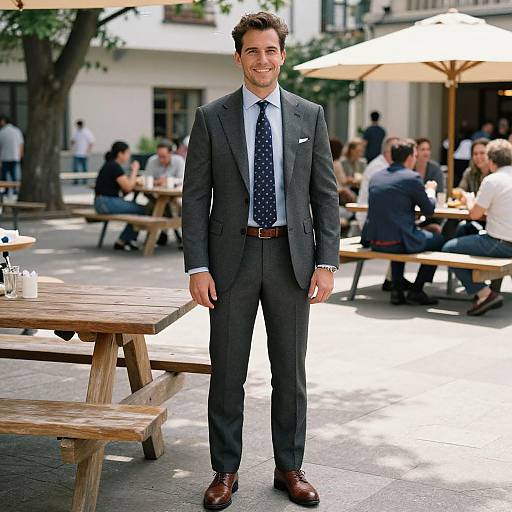 Photograph of a smiling, young Caucasian man in a dark gray suit, white shirt, blue polka dot tie, standing outdoors by wooden picnic tables