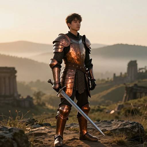 Photorealistic digital art of a young man in medieval bronze armor standing with a sword on a rocky hill, sunset over ruins in the background.