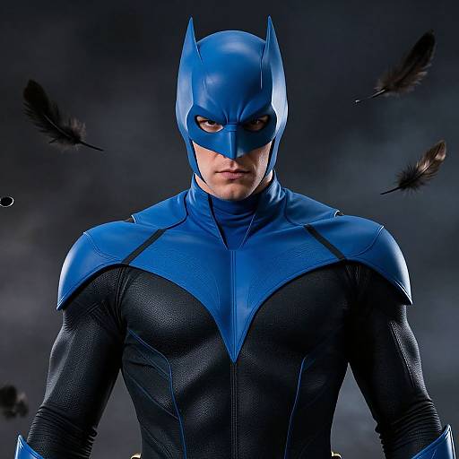 Photograph of a muscular male Batman in a blue and black leather suit, with pointed bat ears, intense gaze, and dark feathers flying around against a