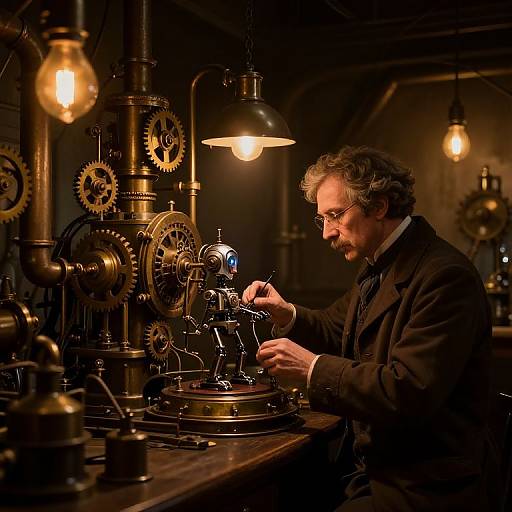 Photograph of a middle-aged man with curly hair and glasses, working on intricate, steampunk-style machinery under warm, glowing lights.