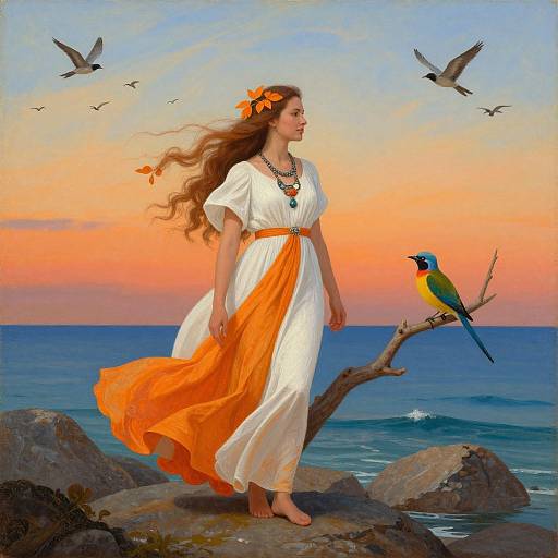 Digital painting of a woman with flowing brown hair, wearing a white dress with orange sash, standing on rocks by the sea, a bird perched