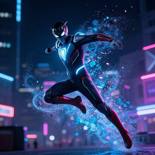 Digital artwork of a glowing, dark-suited superhero with neon blue accents and white emblem, leaping in a neon-lit cityscape at night.
