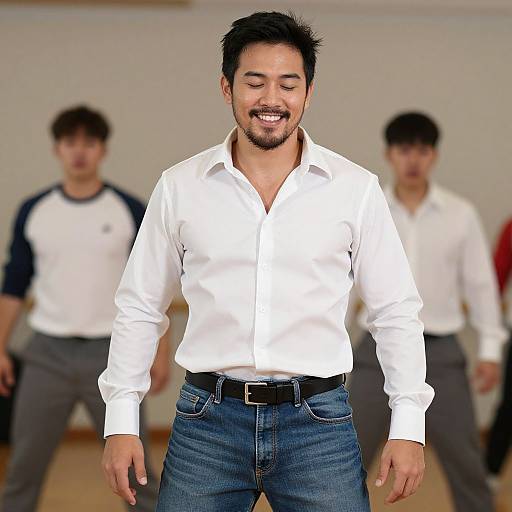 Photograph of smiling Asian man with short black hair, white shirt, and blue jeans, standing in front of two blurred men in white shirts and gray