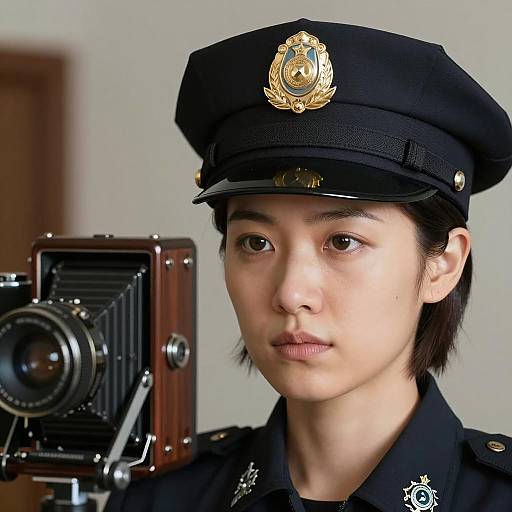 Stern Woman in Police Cap Portrait
