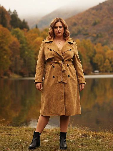 Photograph of a curvy woman with wavy brown hair, wearing a tan trench coat and black boots, standing by a reflective lake with autumn-colored
