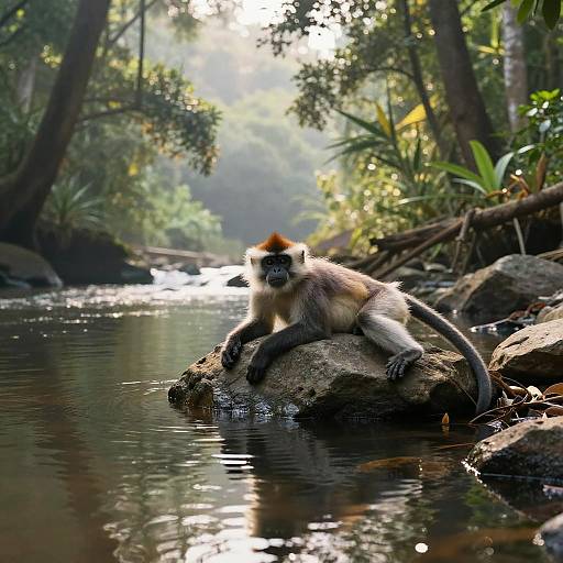 Serene Monkey Resting by Jungle River