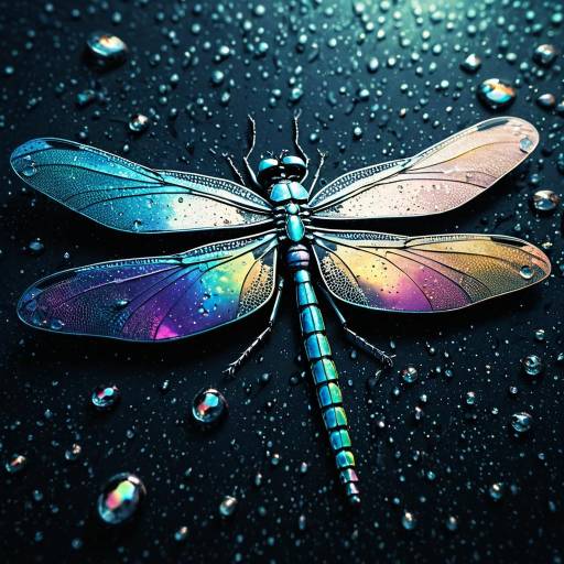 Iridescent Metallic Dragonfly with Water Droplets Iridescent Metallic Dragonfly with Water Droplets