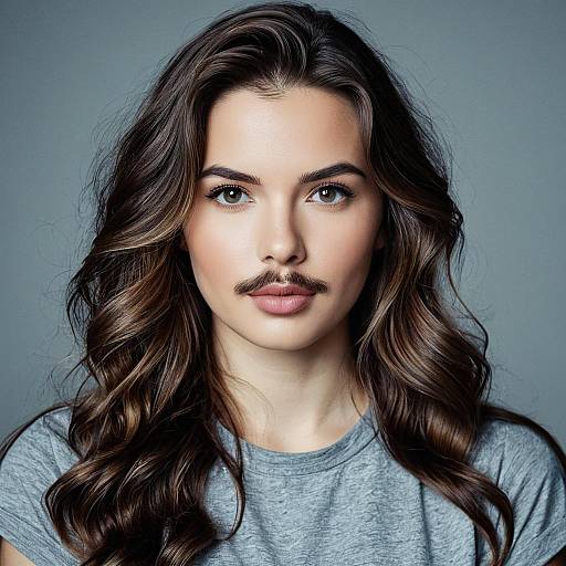 Young Woman with Pencil Mustache and Wavy Hair