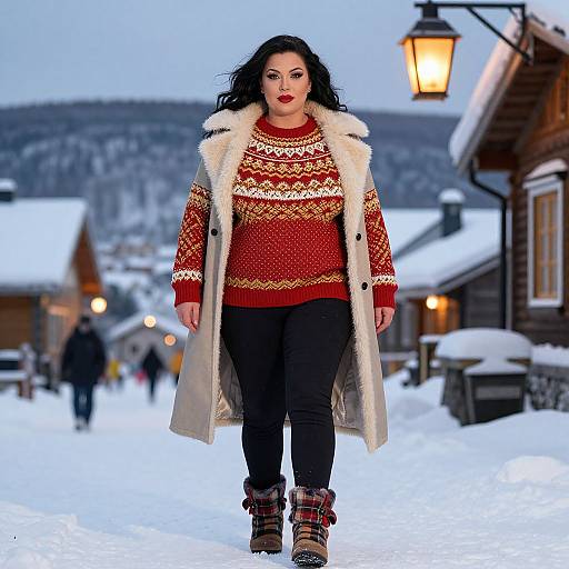 Photograph of a curvy woman with long black hair, red sweater, white fur-trimmed coat, black pants, and plaid boots,