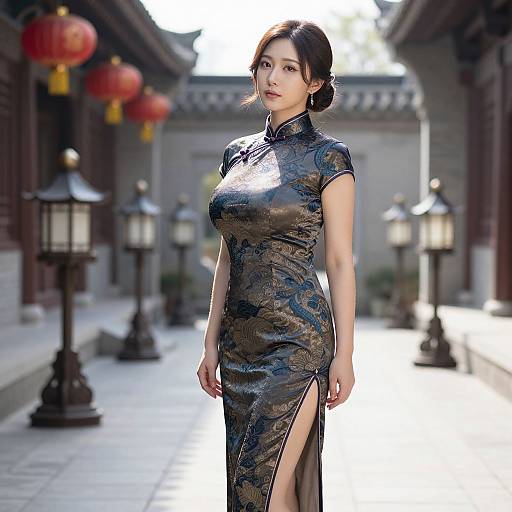 Photograph of an Asian woman with black hair in a traditional black silk cheongsam with high slit, standing in a sunlit, lantern-adorn