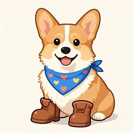 Cute digital drawing of an orange and white Corgi with black eyes, blue bandana with heart patterns, brown boots, and a happy expression