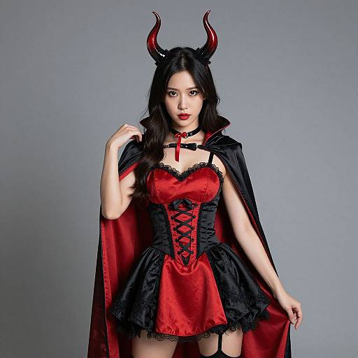 Photograph of an Asian woman in a red and black devil costume with black horns, lace corset, and cape, against a gray background.