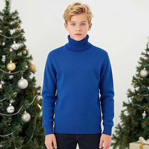 Photograph of a blond boy with blue eyes, wearing a bright blue turtleneck sweater, standing in front of two decorated Christmas trees.