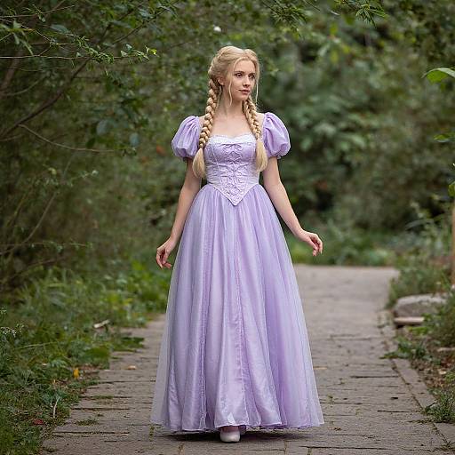 Photograph of a blonde woman with braided hair, wearing a white, puffed-sleeve, lavender ball gown, standing on a forest path