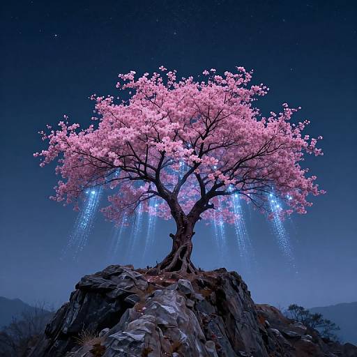 Photograph of a surreal, glowing pink cherry blossom tree with blue light trails against a starry night sky, standing on rocky terrain.