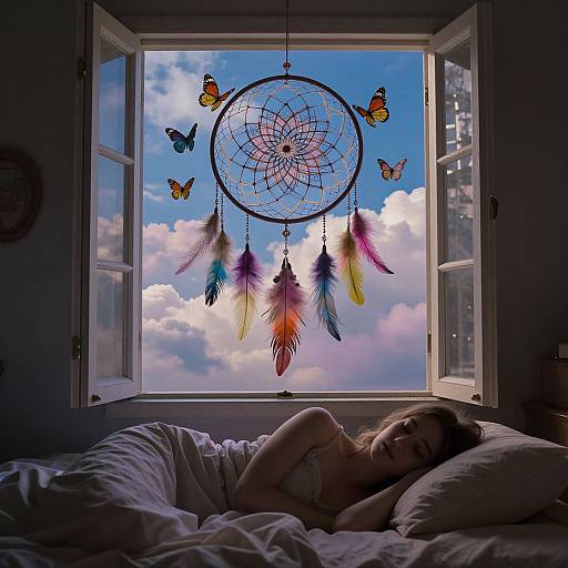 Photograph of a woman sleeping in a bed, with a dreamcatcher adorned with colorful feathers and butterflies hanging above an open window showing a bright blue