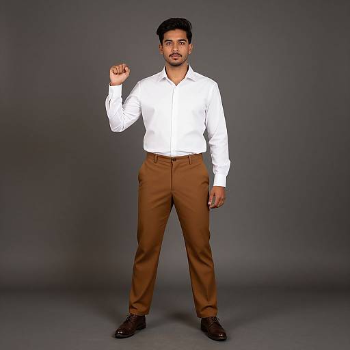 Photograph of a confident, dark-haired man with a beard, wearing a white shirt, brown pants, and black shoes, standing against a gray background