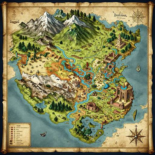 Detailed, colorful fantasy map illustration of a mountainous island with rivers, forests, castles, villages, and a compass rose, aged parchment texture.