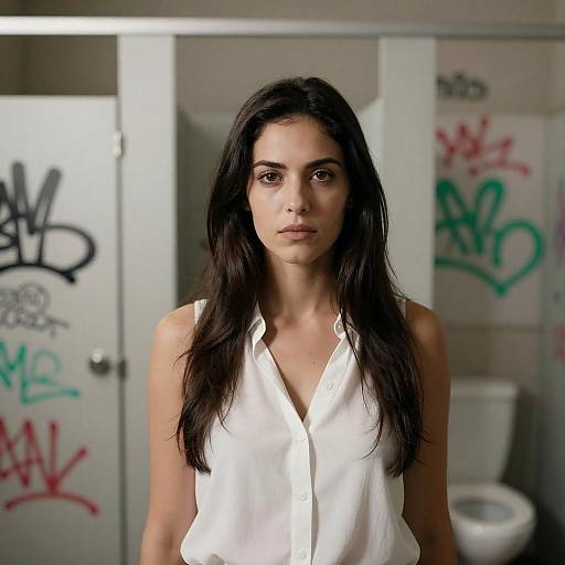 Serious Woman in Graffiti Bathroom
