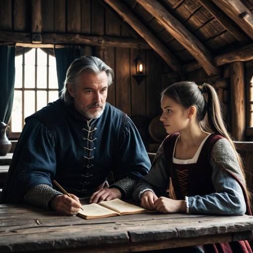 Medieval Father Teaching Daughter in Wooden Hut
