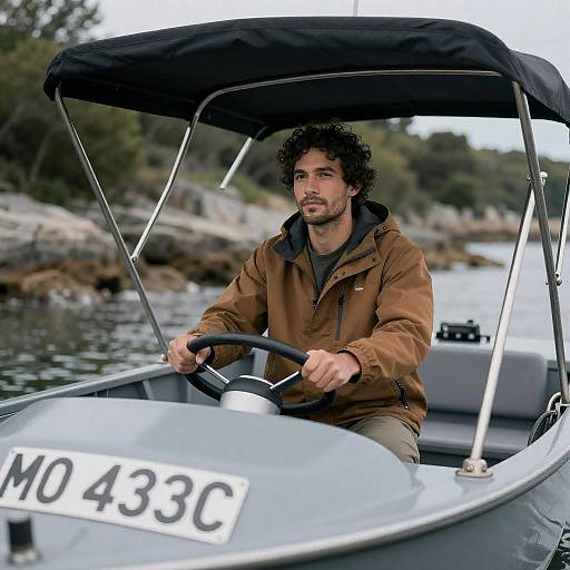 Man in Brown Jacket on Fishing Boat