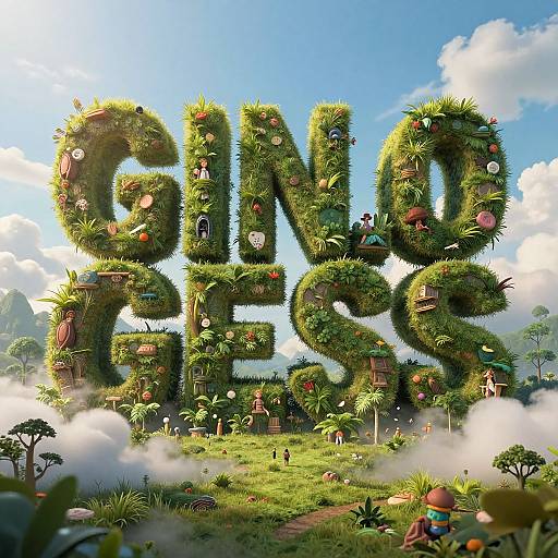 Digital artwork of giant, grass-covered letters spelling 