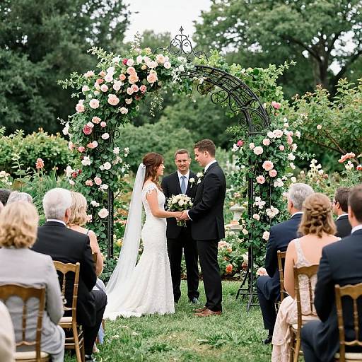Photograph of an outdoor wedding ceremony: bride in white gown and veil, groom in black suit, exchanging vows under a floral arch. Guests seated in