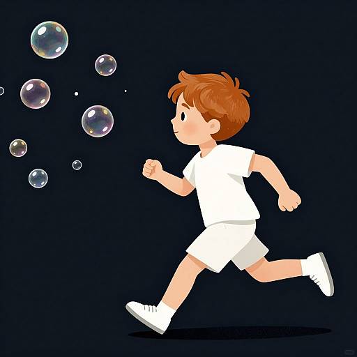 Digital illustration of a brown-haired boy in a white outfit running, chasing colorful bubbles against a dark blue background.