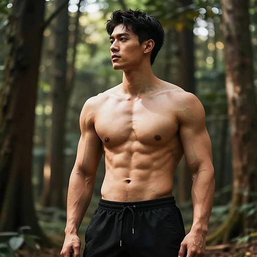 Muscular Man in Sunlit Forest
