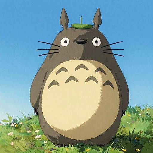Digital drawing of a chubby, brown, cat-like Totoro with a green hat, large white eyes, and a cream-colored belly, standing on