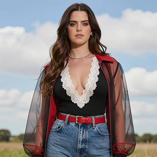 Fashion Model in Red and Black Sheer Jacket