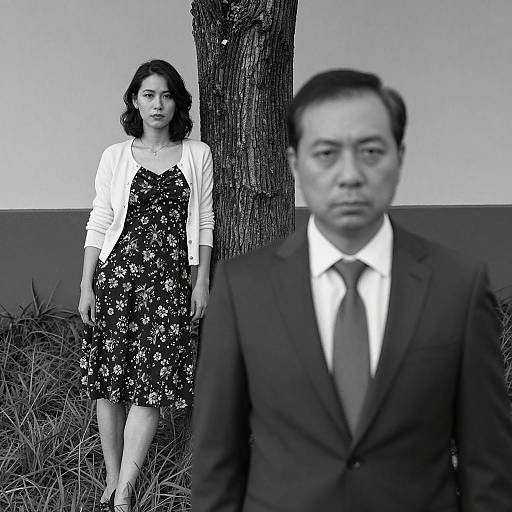 Black and white portrait of serious man and woman outdoors