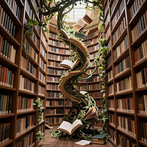 Photograph of a fantasy library with twisting, vine-covered book sculpture in the center, surrounded by tall wooden bookshelves. Bright overhead light filters through