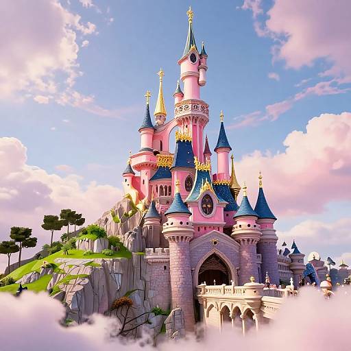Digital illustration of a vibrant, pink and blue, fairy-tale castle with golden spires, set against a bright blue sky with fluffy clouds and a