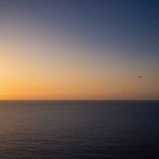 Photograph of a serene ocean at sunset, with a gradient sky from yellow to blue, a distant bird in flight, and calm water reflecting the sky