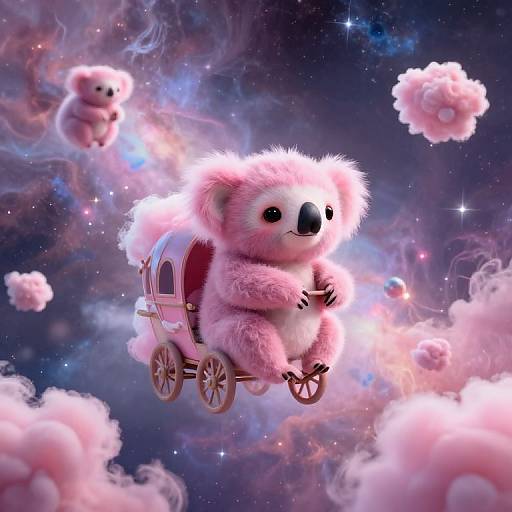 Digital art of a cute, fluffy pink koala in a tiny carriage flying through a whimsical, starry, pink and purple cosmic sky with floating