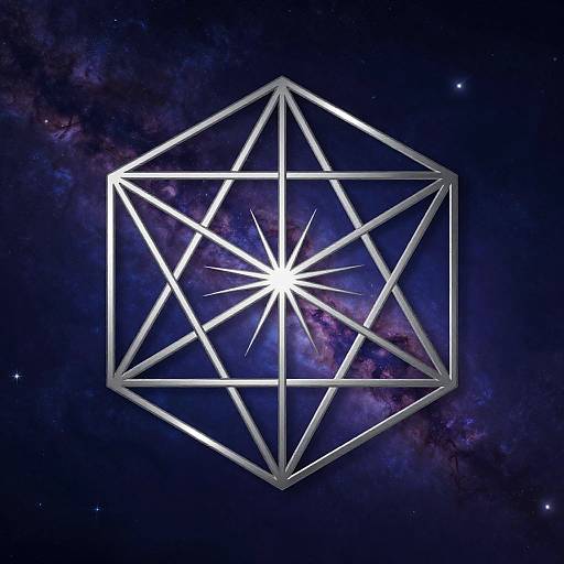 Digital art of a glowing, geometric, silver cube intersecting over a cosmic, starry purple and blue galaxy background.