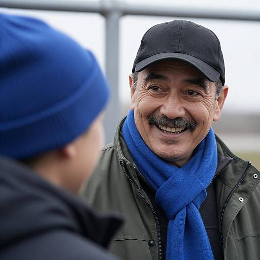 Smiling Middle-Aged Man in Black Cap and Blue Scarf