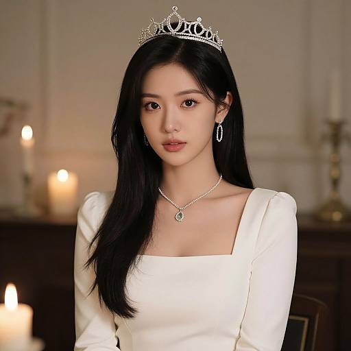 Photograph of an East Asian woman with long black hair, wearing a silver tiara, white dress, and necklace, with candles in the blurred background