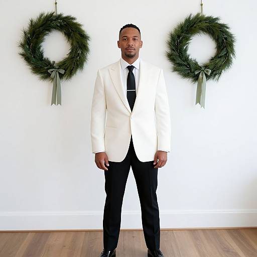 Man in White Tuxedo by Wreaths