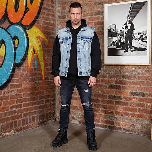 Photograph of a muscular man with short dark hair, wearing a denim vest, black hoodie, ripped jeans, and black boots, standing in a graffiti