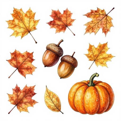 Watercolor illustration of six autumn leaves, two acorns, and one orange pumpkin on a white background, showcasing vibrant fall colors.