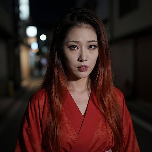 Photograph of a young Asian woman with long red hair, wearing a red kimono, standing in a dimly lit, narrow urban street at night