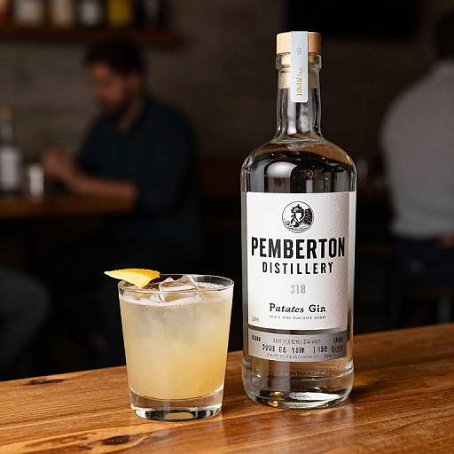 Photograph of a Pemerton Distillery Pearce Gin bottle beside a glass with ice and lemon slice on a wooden bar. Blurred bartender in background