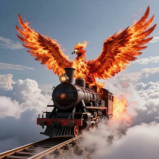 Digital artwork of a black steam locomotive with fiery, orange wings soaring above fluffy clouds, set against a bright blue sky.