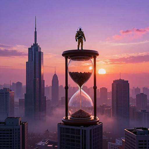 Photograph of a silhouetted figure standing on a giant hourglass atop a skyscraper, against a vibrant purple, pink, and orange sunset