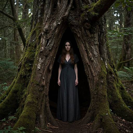 Photograph: Woman with pale skin and dark brown hair in a black, deep V-neck dress, stands eerily in a moss-covered tree hollow in